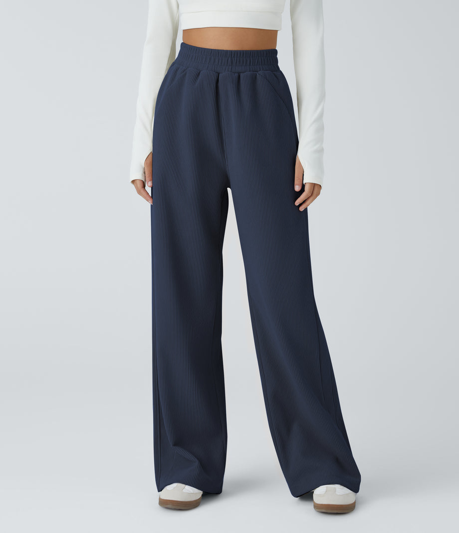 High Waisted Pocket Straight Leg Baggy Mop Corduroy Casual Pants - Mood Indigo