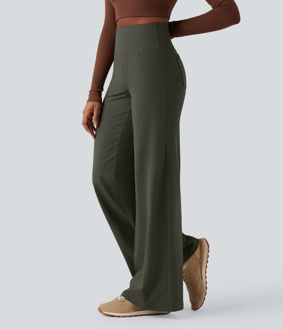 DayStretch High Waisted Tummy Control Wide Leg Baggy Yoga Pants with Pockets - Forest Night