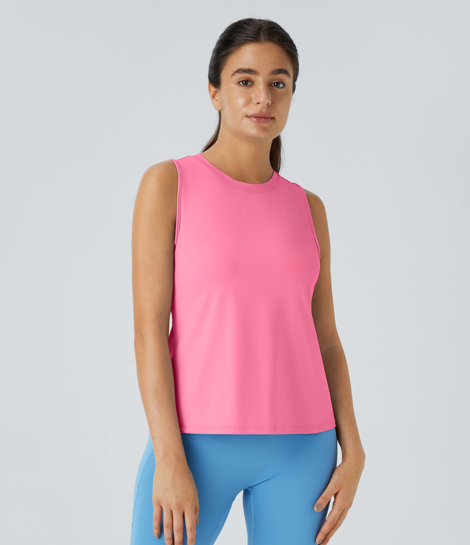Cut Out Crossover Hem Solid Yoga Tank Top - Bubblegum