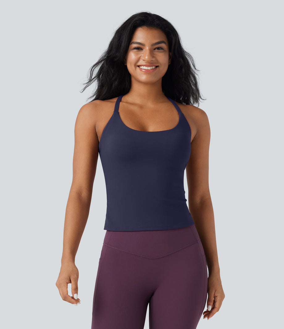 Scoop Neck Crisscross Back Crossover Hem Yoga Cami Top - Evening Blue