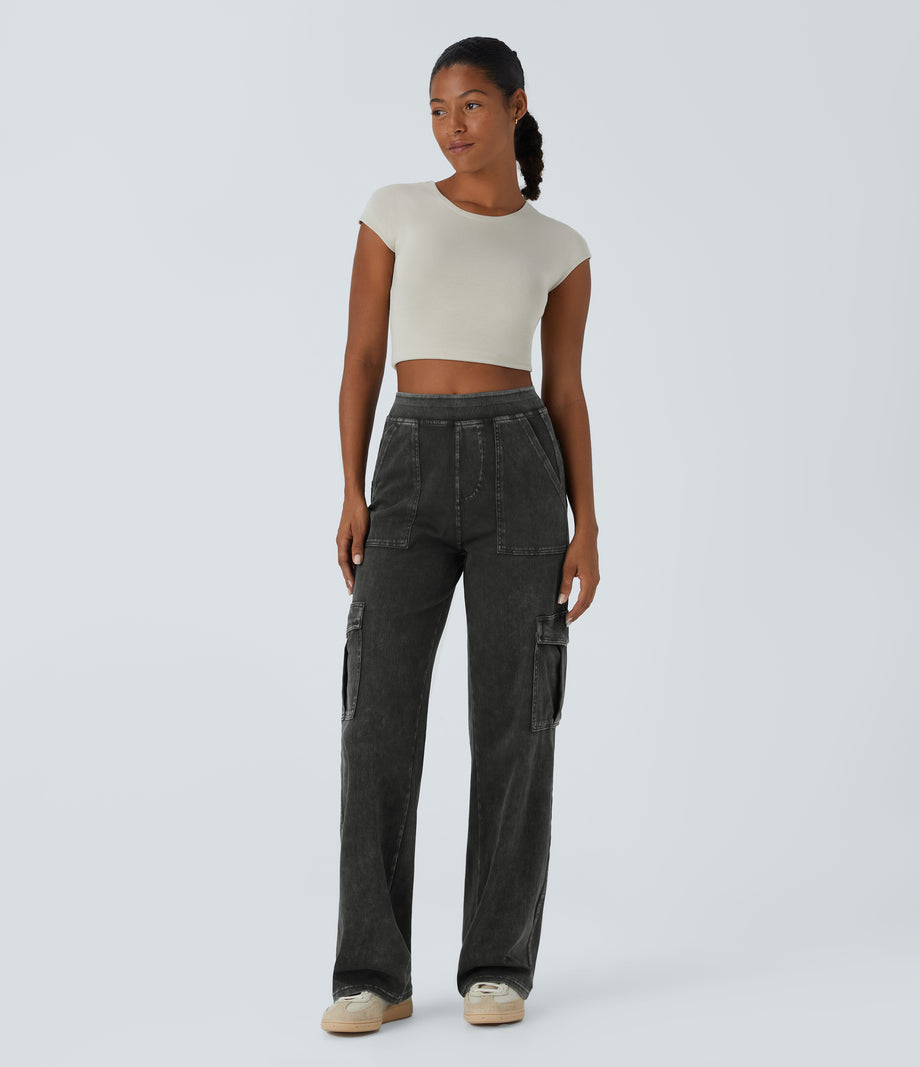 Halara Flex™ Mid Rise Pockets Straight Leg Casual Cargo Jeans - Hemp Rope Black Denim