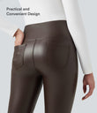 High Waisted Tummy Control Stretchy PU Fleece 7/8 Skinny Casual Leggings with Pockets - Hot Fudge