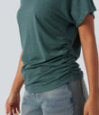 V-neck Short Sleeve Ruched Relaxed Casual Top - Jade Green Floral Yarn