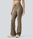 High Waisted Drawstring Stripe Flare Yoga Pants with Pockets - Cedar Brown