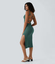 Ruched Lace Up Bodycon Midi Casual Dress - Blue Spruce