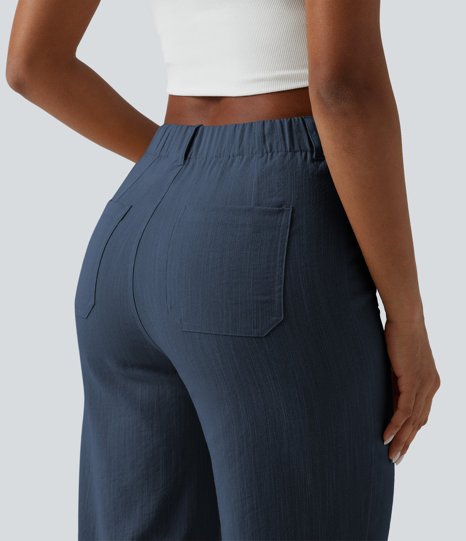 High Waisted Straight Leg Casual Linen-Feel Pants with Pockets - Deep Secluded Blue