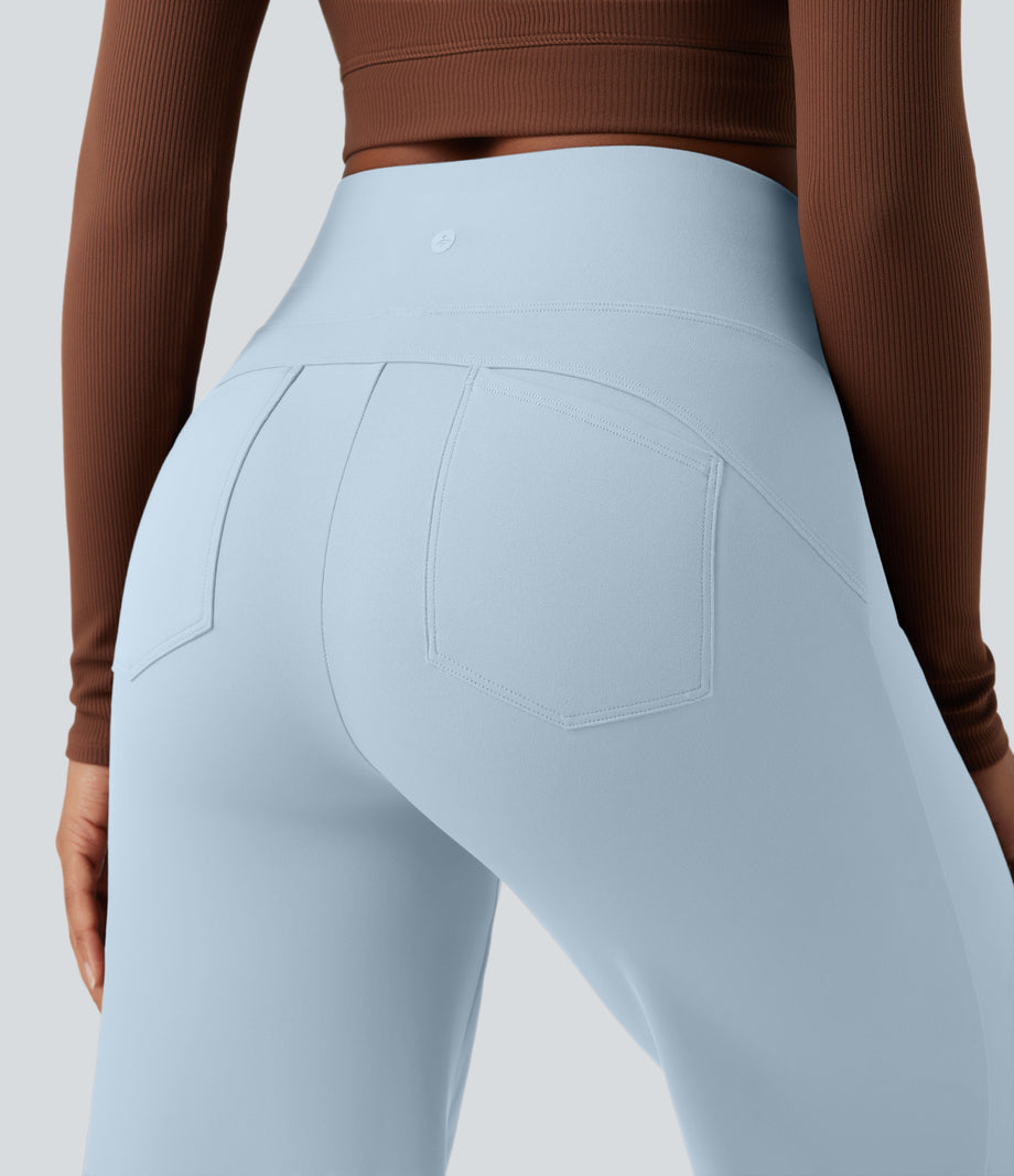 DayStretch High Waisted Tummy Control Wide Leg Baggy Yoga Pants with Pockets - Baby Blue