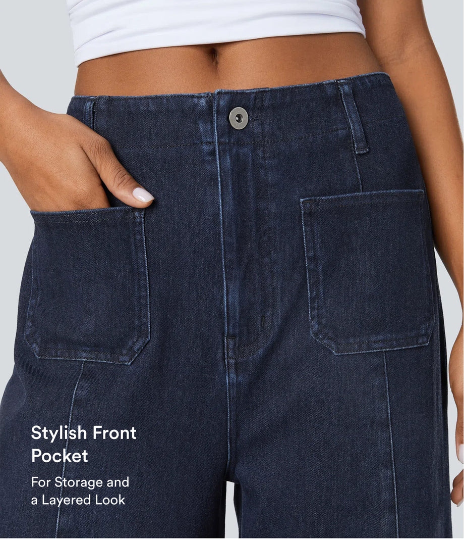 Halara Flex™ High Waisted Pockets Washed Casual Wide Leg Jeans - Deep Blue Water Denim