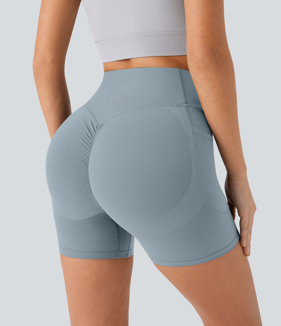 Halara UltraSculpt™ High Waisted Scrunch Butt Lifting Tummy Control Pocket Shaping Workout Biker Shorts 5'' - Blue Flower Gray