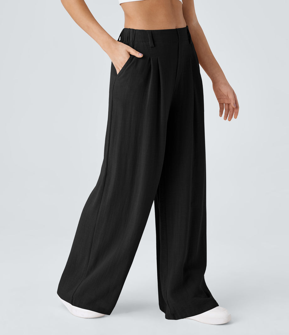 High Waisted Pocket Wide Leg Flowy Solid Palazzo Casual Linen-Feel Pants - Black