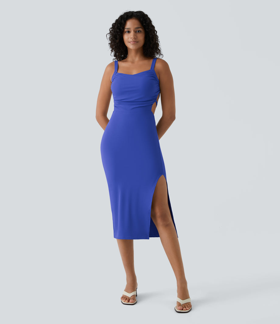 Ruched Lace Up Bodycon Midi Casual Dress - Aster Blue