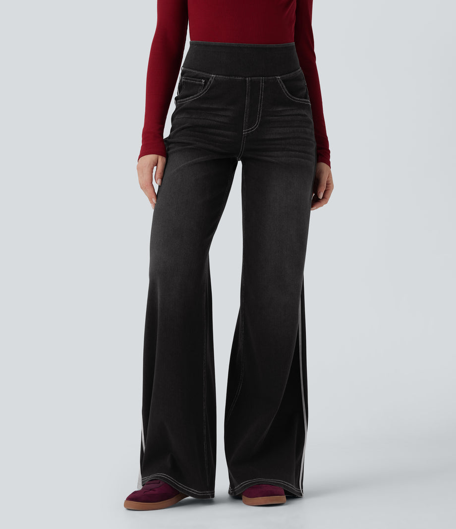 Halara Flex™ High Waisted Stripe Wide Leg Flowy Washed Casual Jeans with Pockets - Phantom Denim