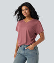 V-neck Short Sleeve Ruched Relaxed Casual Top - Brick Red Mix