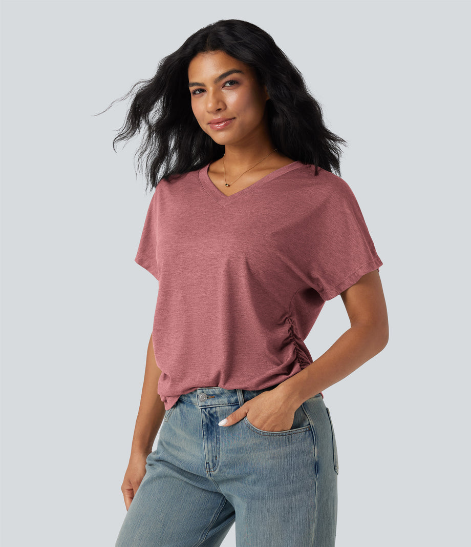 V-neck Short Sleeve Ruched Relaxed Casual Top - Brick Red Mix