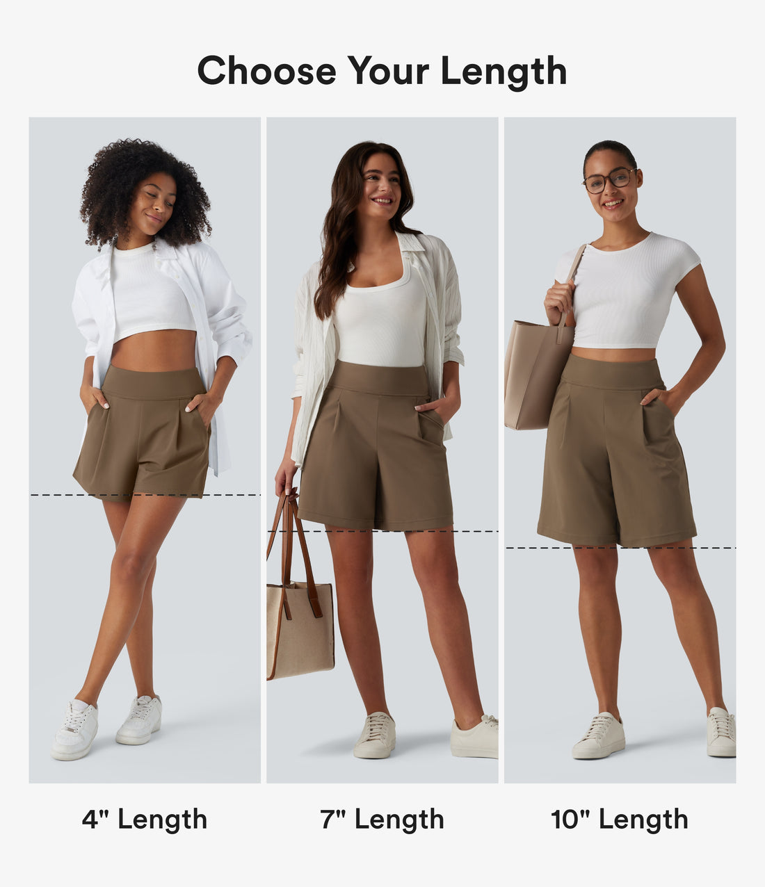 DayStretch High Waisted Work Baggy Shorts 4'' with Pockets - Sepia