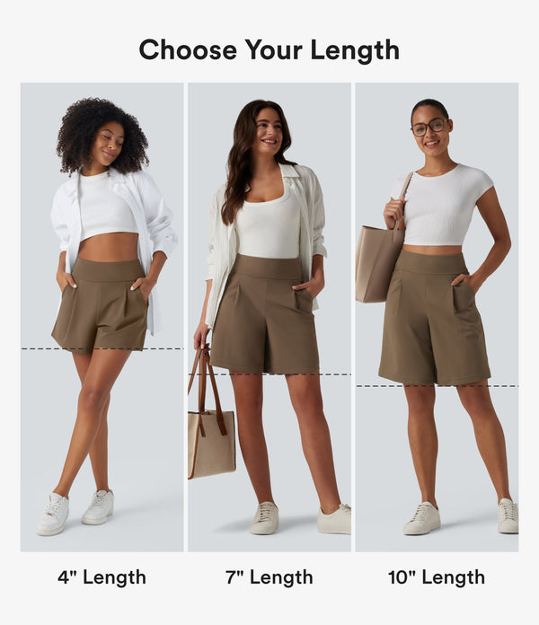 DayStretch High Waisted Work Baggy Shorts 4'' with Pockets - Sepia