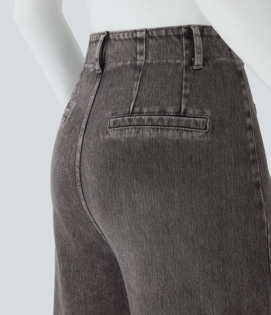 Halara Flex™ High Waisted Pockets Washed Casual Wide Leg Jeans - Grey Black Denim
