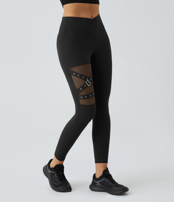 DayStretch High Waisted Crossover Contrast Mesh Decorative Buckle Yoga Leggings - Black