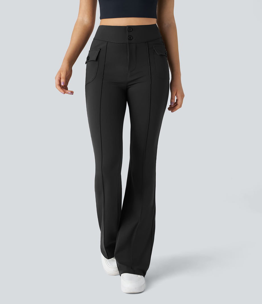 High Waisted Side Flap Pocket Flare Casual Cargo Pants - Black
