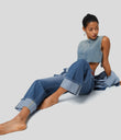 Halara Flex™ High Waisted Pockets Rolled Hem Wide Leg Washed Casual Jeans - Blue Spruce Denim
