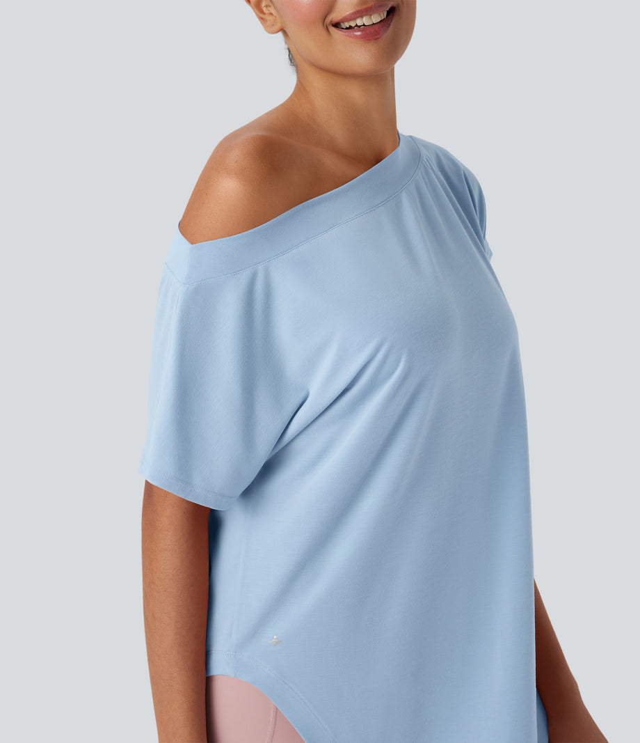 One Shoulder Short Sleeve Curved Hem High Low Quick Dry Yoga Sports Top - Angel Falls