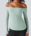 Ribbed Knit Off Shoulder Long Sleeve 2-in-1 Casual Top - Crow Green