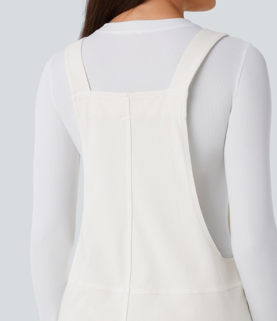 Halara Flex™ V Neck Pocket Washed Denim Casual Overalls - White Wood Denim
