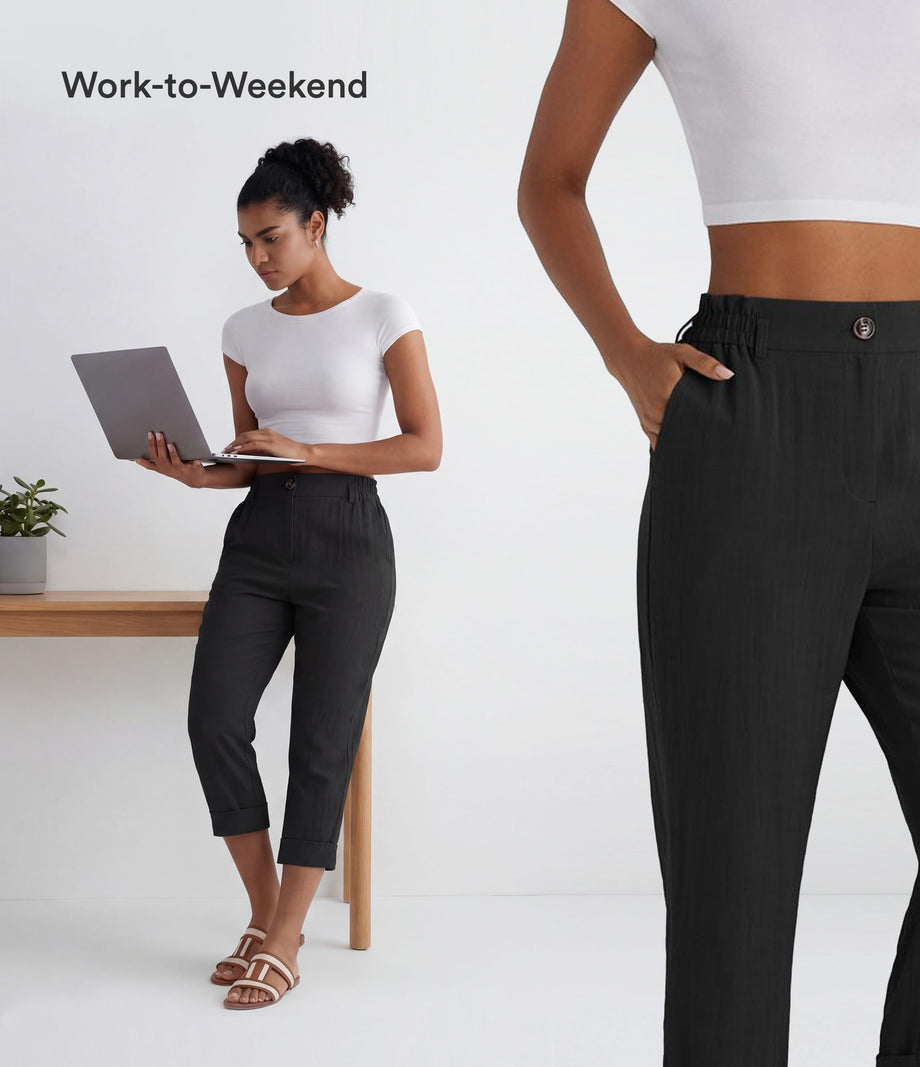 High Waisted Zipper Pocket Cropped Linen-Feel Pants - Black