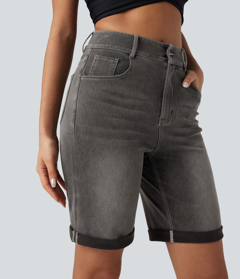 Halara Flex™ High Waisted Pockets Rolled Hem Washed Denim Casual Bermuda Shorts - Cool Gray Denim