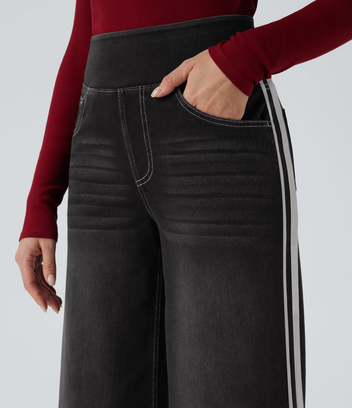 Halara Flex™ High Waisted Stripe Wide Leg Flowy Washed Casual Jeans with Pockets - Phantom Denim