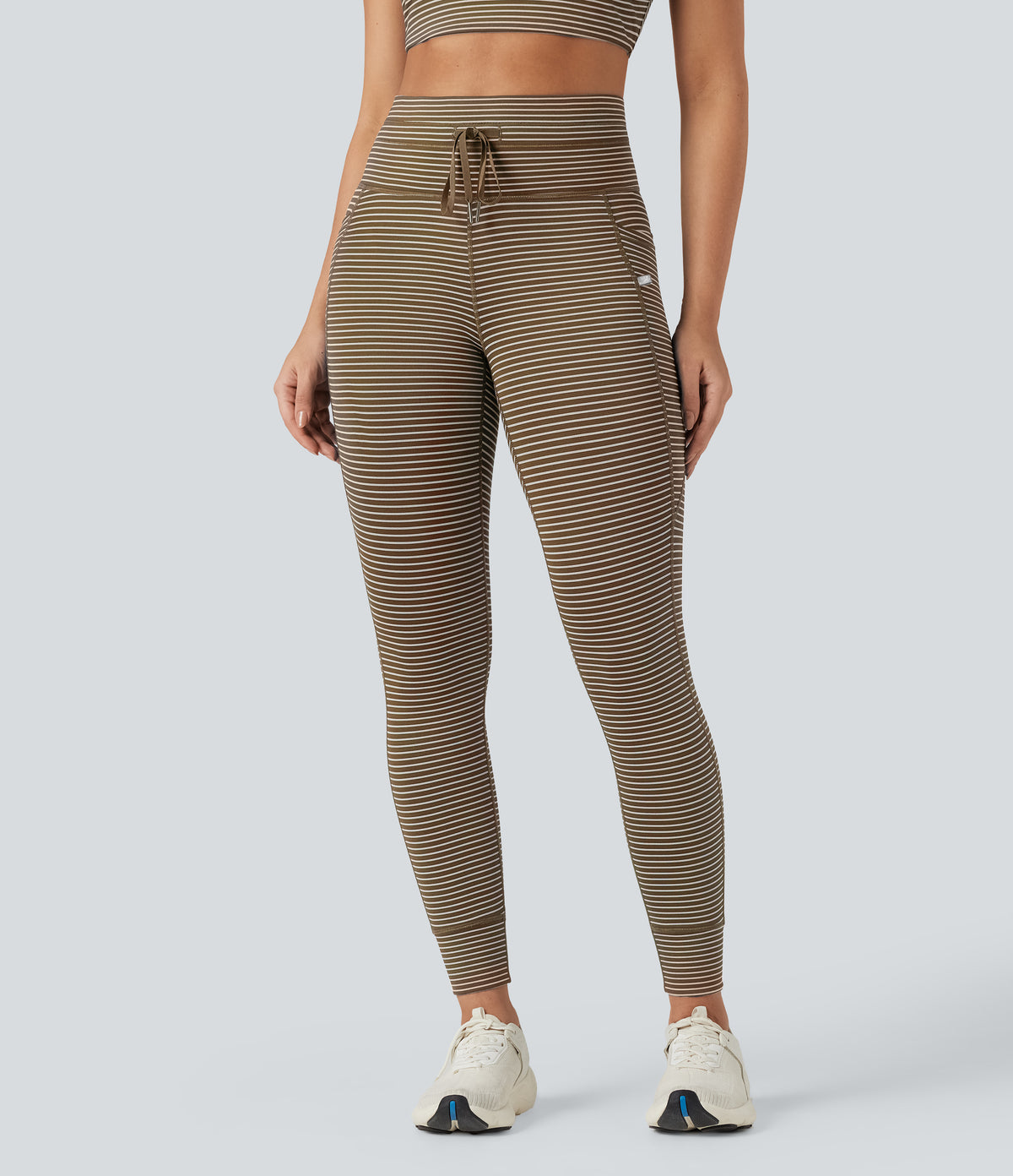 High Waisted Drawstring Striped Yoga Leggings with Pockets - Cedar Brown