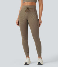 High Waisted Drawstring Striped Yoga Leggings with Pockets - Cedar Brown