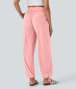 Crossover High Waisted Pocket Drawstring Casual Joggers - Creole Pink Floral Yarn