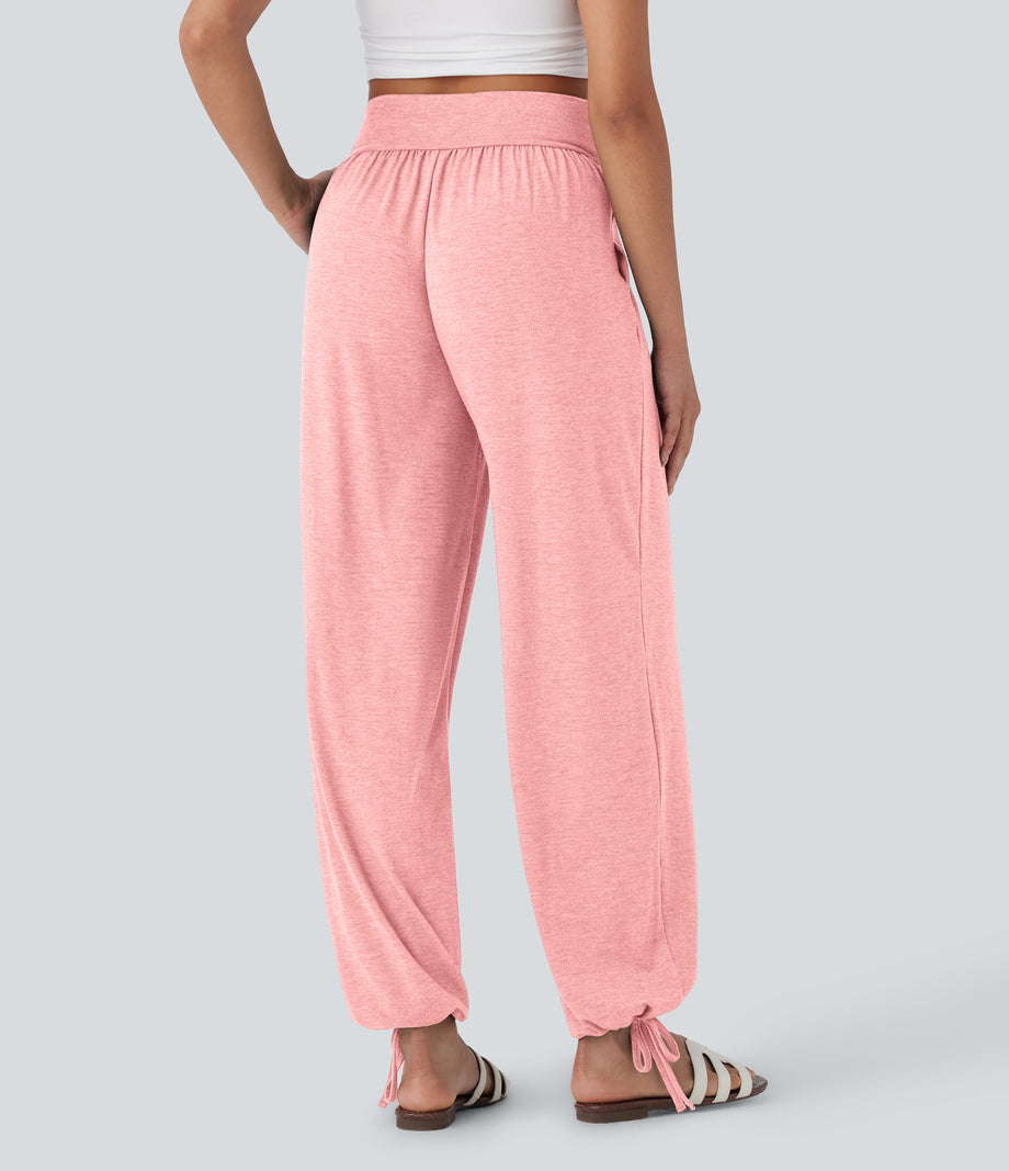 Crossover High Waisted Pocket Drawstring Casual Joggers - Creole Pink Floral Yarn