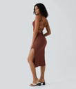 Ruched Lace Up Bodycon Midi Casual Dress - Sequoia
