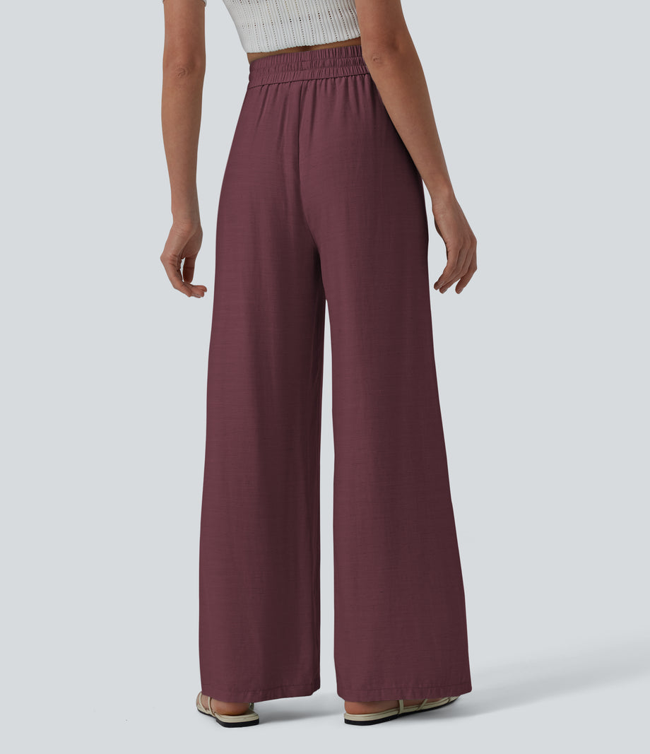 High Waisted Drawstring Wide Leg Casual Linen-Blend Pants with Pockets - Hortensia