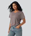 V-neck Short Sleeve Ruched Relaxed Casual Top - Deep Tea Brown Floral Yarn