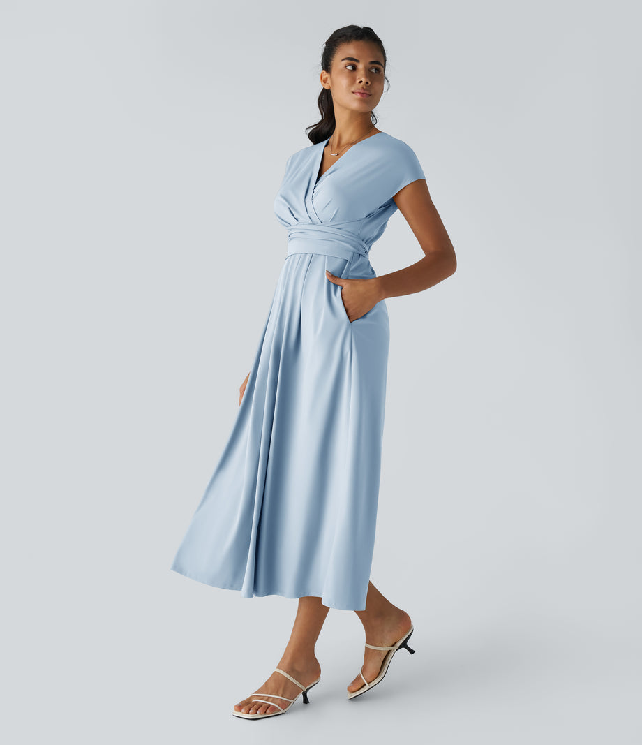 Breezeful™ V Neck Short Sleeve Pocket Tie Back Quick Dry Midi Casual Dress-Longer Length - Ballad Blue