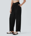 Crossover High Waisted Pocket Drawstring Casual Joggers - Black