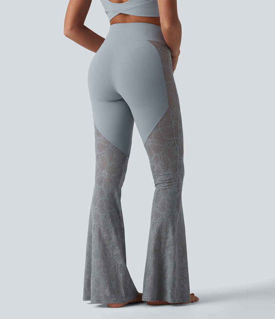 Halara UltraSculpt™ High Waisted Tummy Control Contrast Lace Yoga Flare Leggings with Pocket - Blue Flower Gray