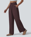 High Waisted Drawstring Wide Leg Casual Linen-Blend Pants with Pockets - Red Mahogany