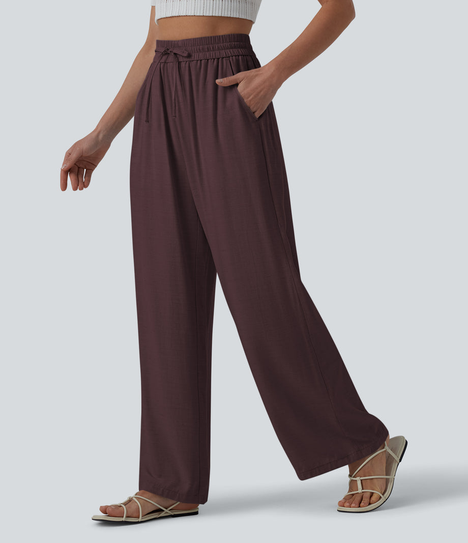 High Waisted Drawstring Wide Leg Casual Linen-Blend Pants with Pockets - Red Mahogany