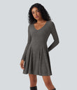 Ribbed Knit V Neck Long Sleeve Flare Mini Casual Dress with Pockets - Mottled Dark Gray
