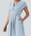 Breezeful™ V Neck Short Sleeve Pocket Tie Back Quick Dry Midi Casual Dress - Baby Blue