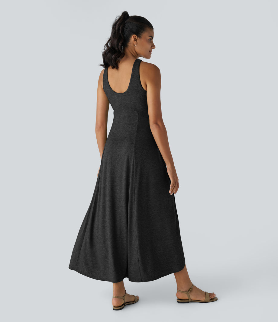 U Neck Flowy Maxi Casual Tank Dress - Black