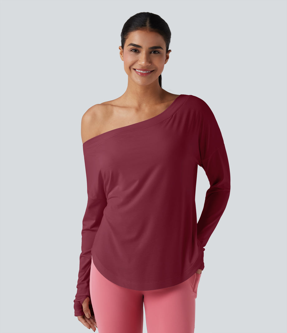 One Shoulder Long Sleeve Thumb Hole Curved Hem High Low Quick Dry Yoga Sports Top-Built-in Bra - Tibetan Red