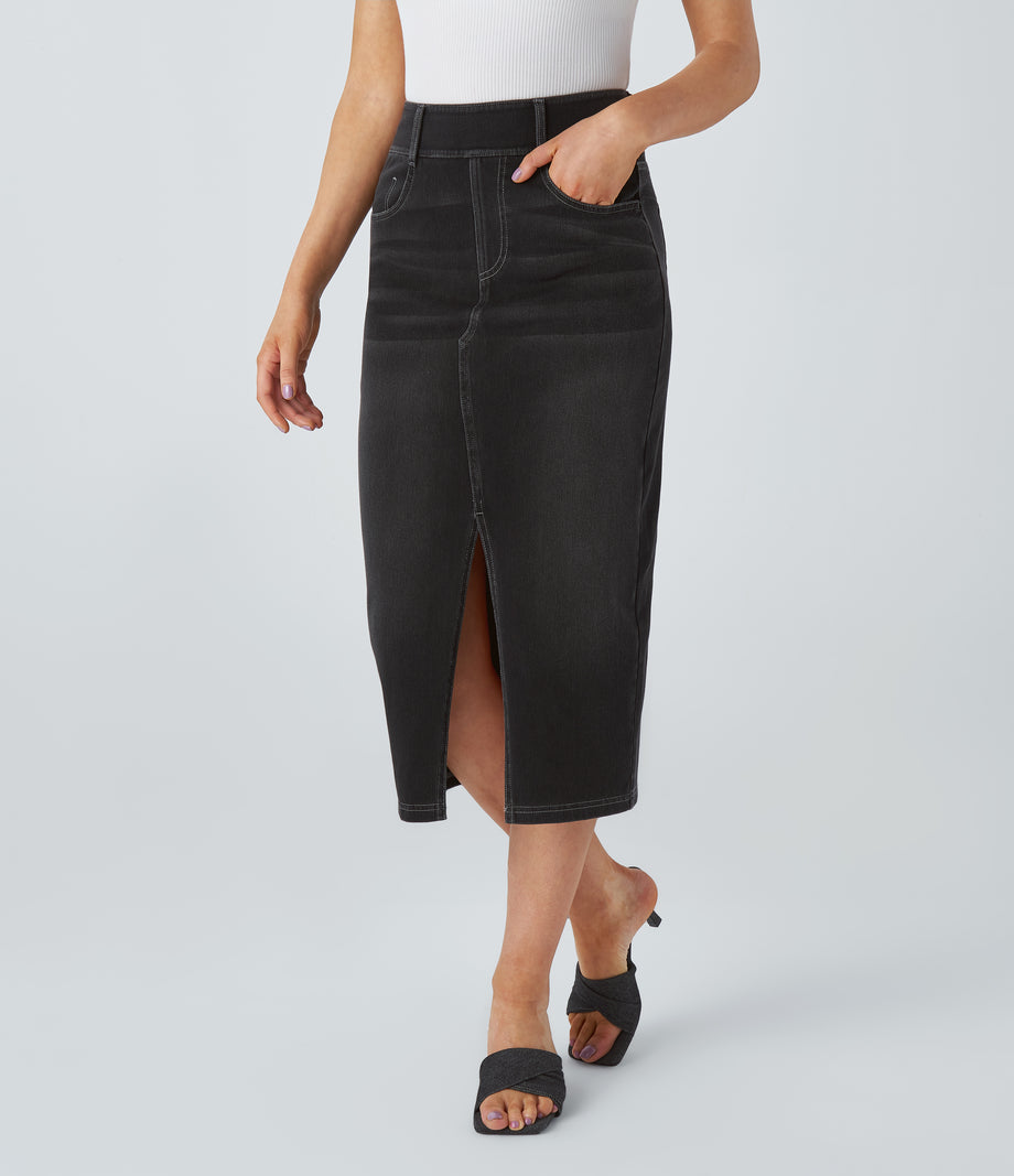 Halara Flex™ High Waisted Pockets Bodycon Washed Denim Casual Midi Skirt - Carbon Paint Denim