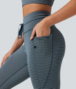 High Waisted Drawstring Striped Yoga Leggings with Pockets - Oceanic Teal