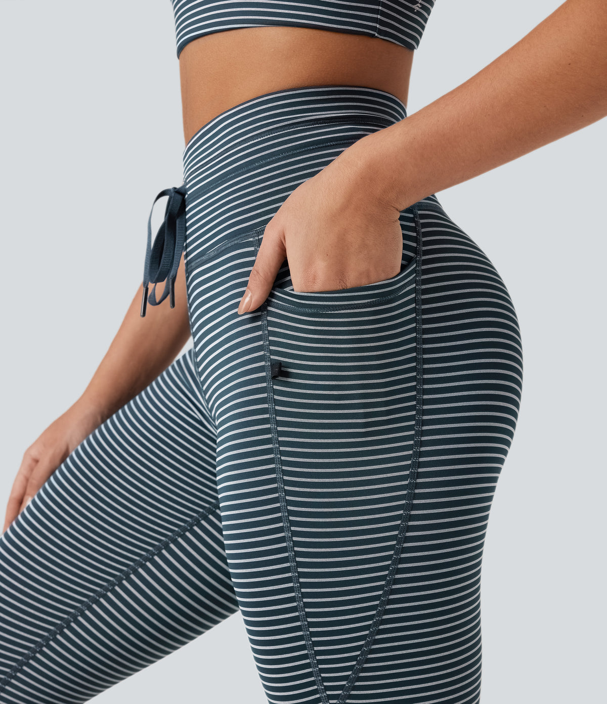 High Waisted Drawstring Striped Yoga Leggings with Pockets - Oceanic Teal