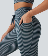 High Waisted Drawstring Striped Yoga Leggings with Pockets - Oceanic Teal